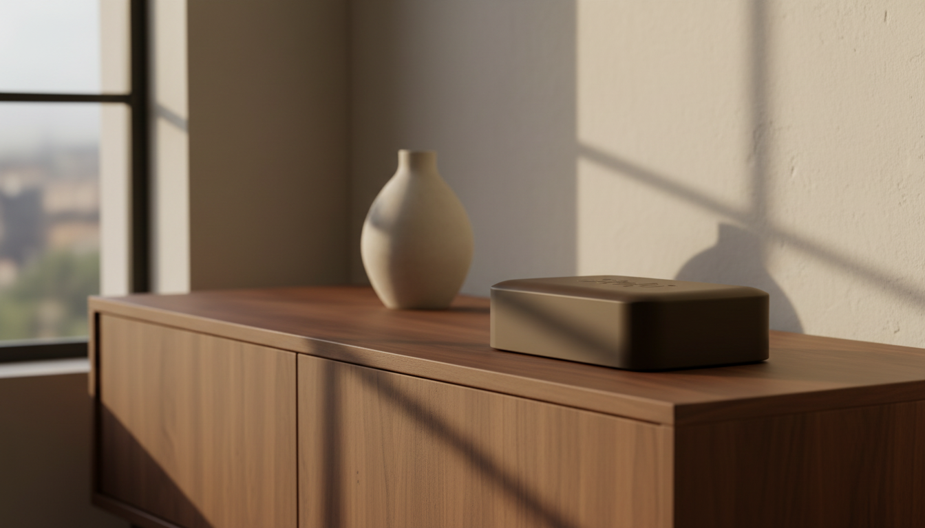 Closed Stolp Faraday phone box on a walnut console table in afternoon light