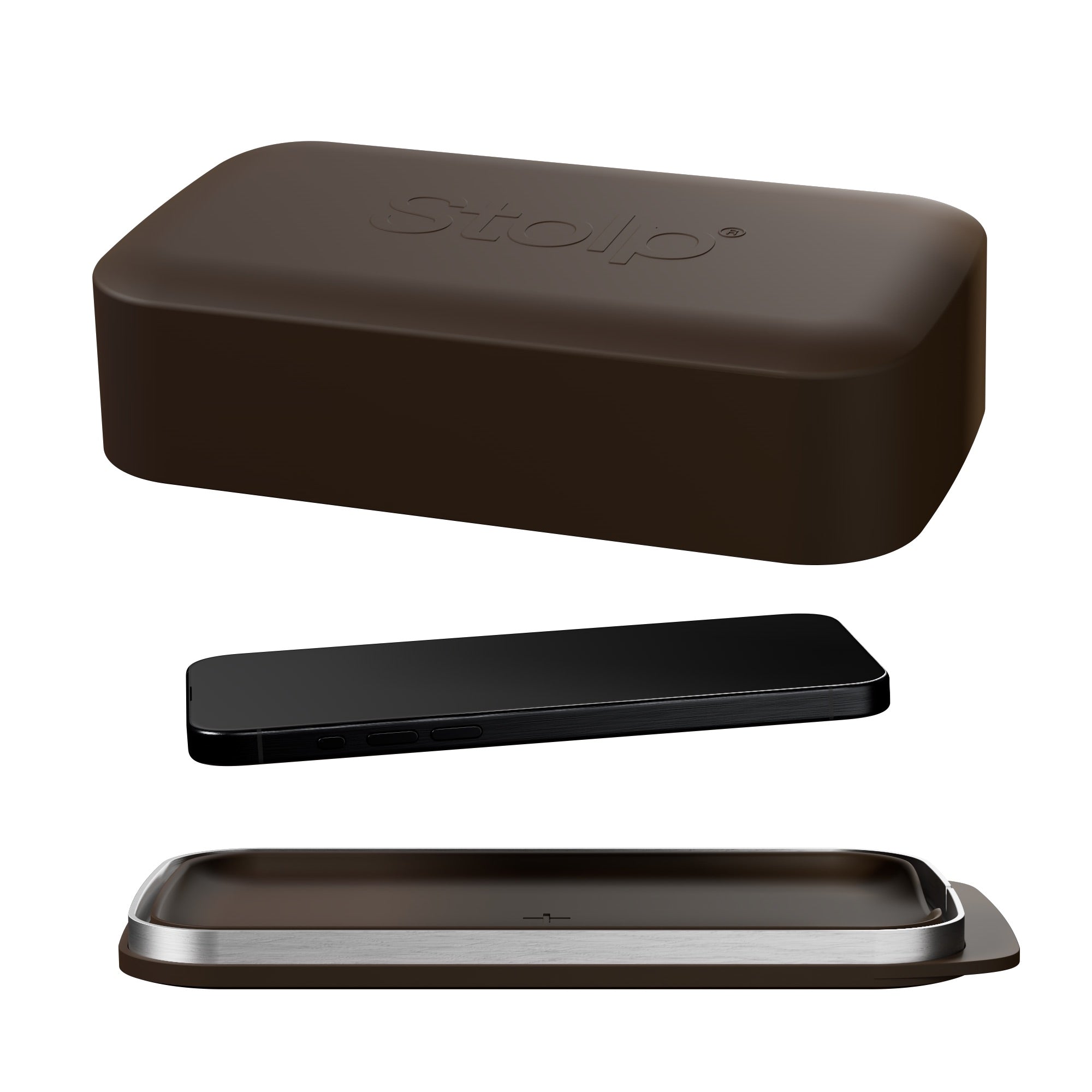 Three rounded rectangular objects in dark brown, black, and brown-silver on white surface