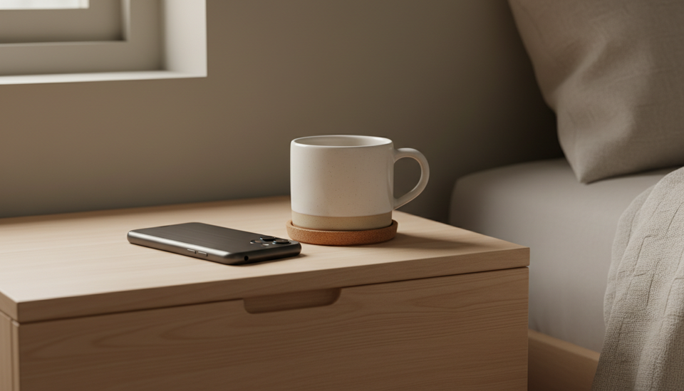 A smartphone lying face-down on a beech nightstand beside a cream ceramic mug on a cork coaster, in a quiet bedroom.