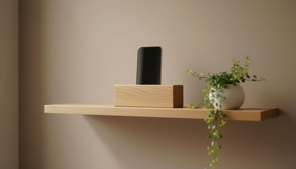 A smartphone standing upright in a slot cut into a light oak block on a floating shelf, beside a trailing plant in a white pot.