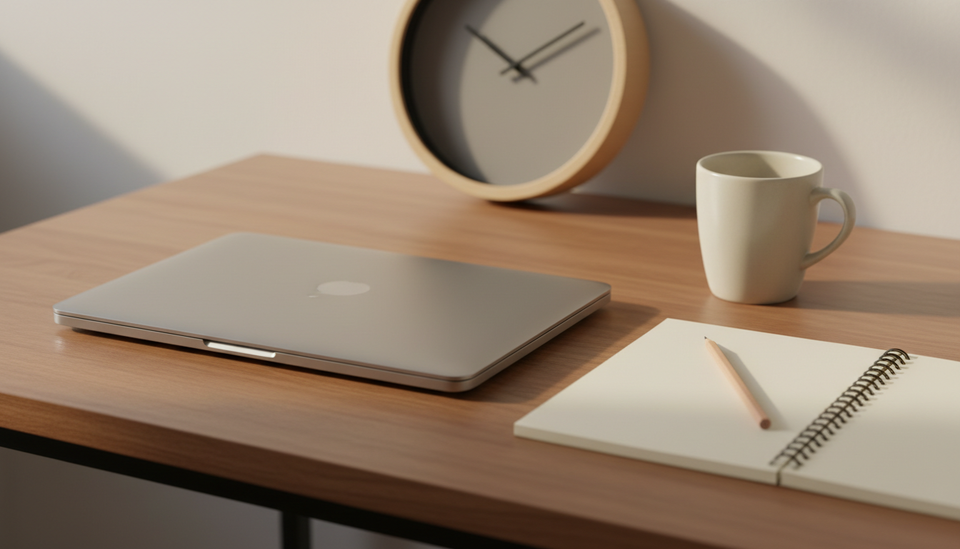 A closed laptop on a warm wooden desk with an open spiral notebook and pencil beside it, a cream mug and a round beech clock behind.