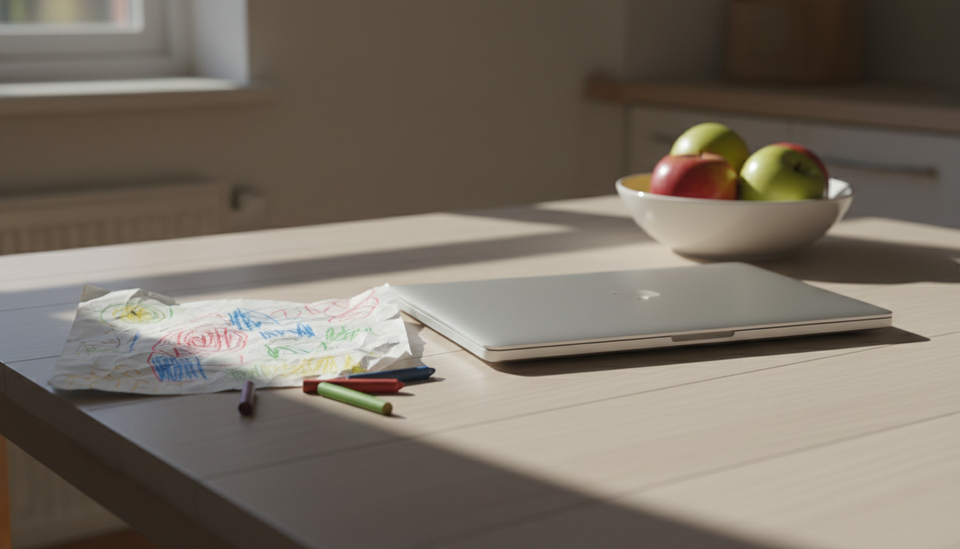 A closed laptop on a pale kitchen table beside a child's crayon drawing and scattered crayons, with a bowl of apples further back.