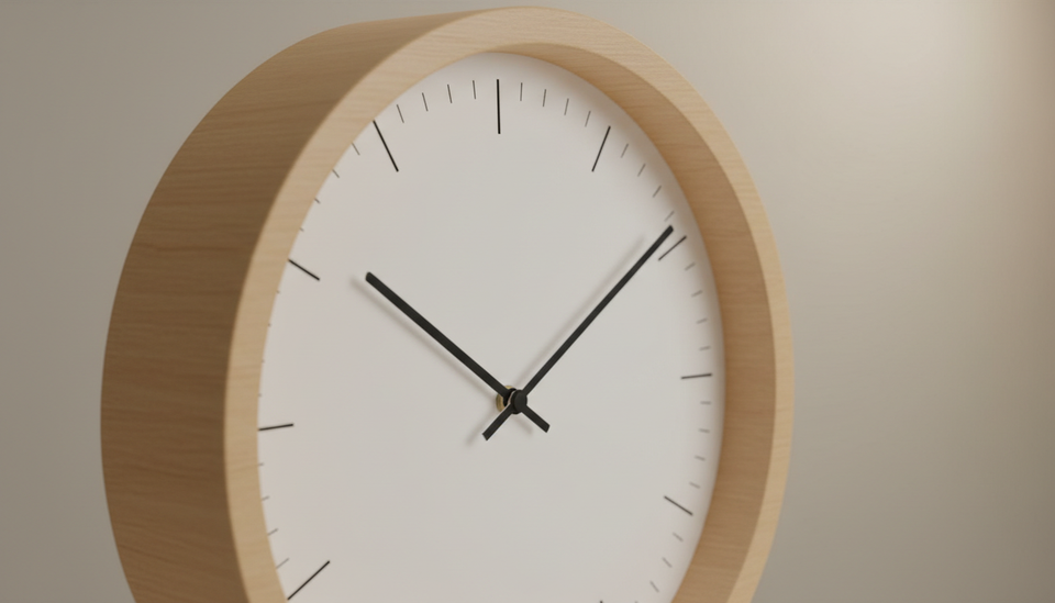 A close-up of the white dial of a beech-framed round analog clock, its slim black hands and the fine minute ticks around the rim in sharp focus.