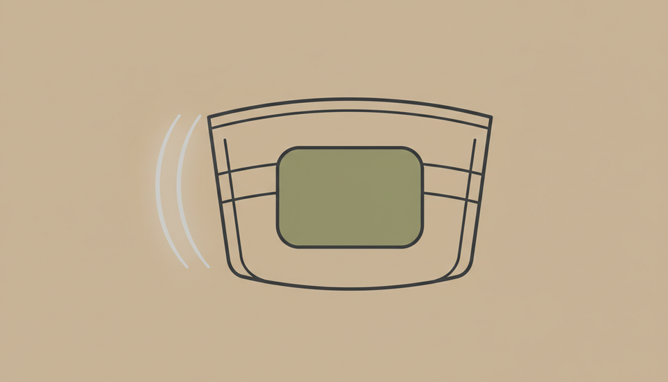 A flat cutaway diagram of a soft-sided pouch with a layered wall, a phone-shaped block resting inside, and two pale arcs stopping at the outer wall.