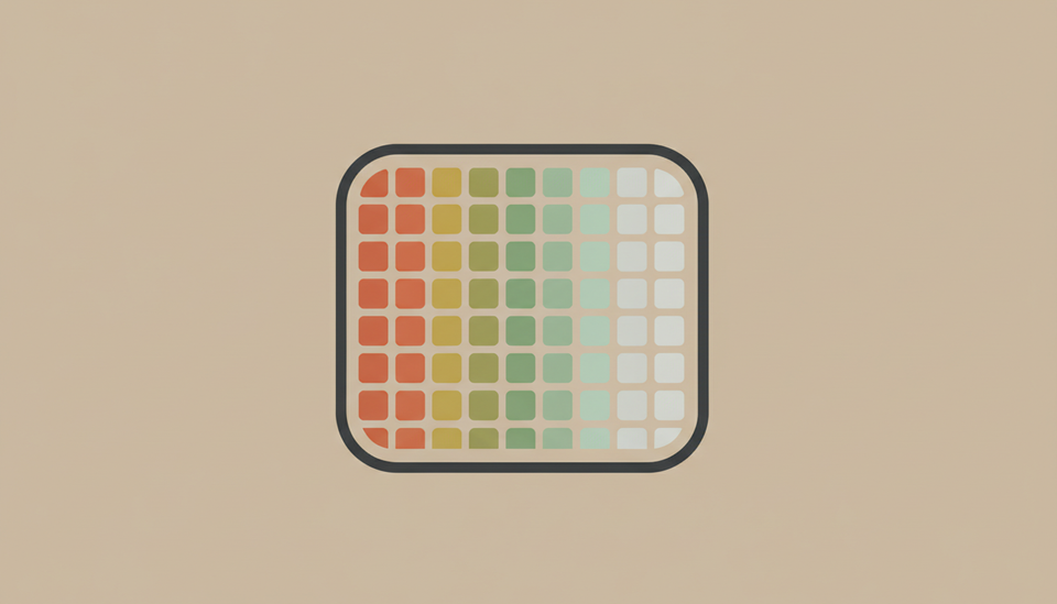 A flat diagram of a rounded panel filled with a grid of small squares fading from muted terracotta and sage on the left to plain grey on the right.