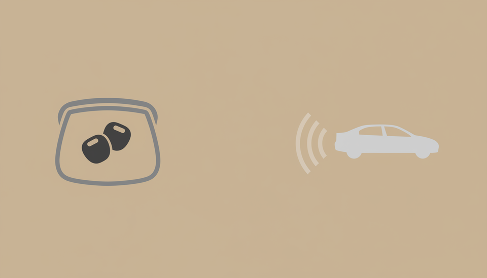 A flat diagram of two car key fobs inside a pouch on the left and a car at a distance on the right, its signal arcs stopping well short of the pouch.