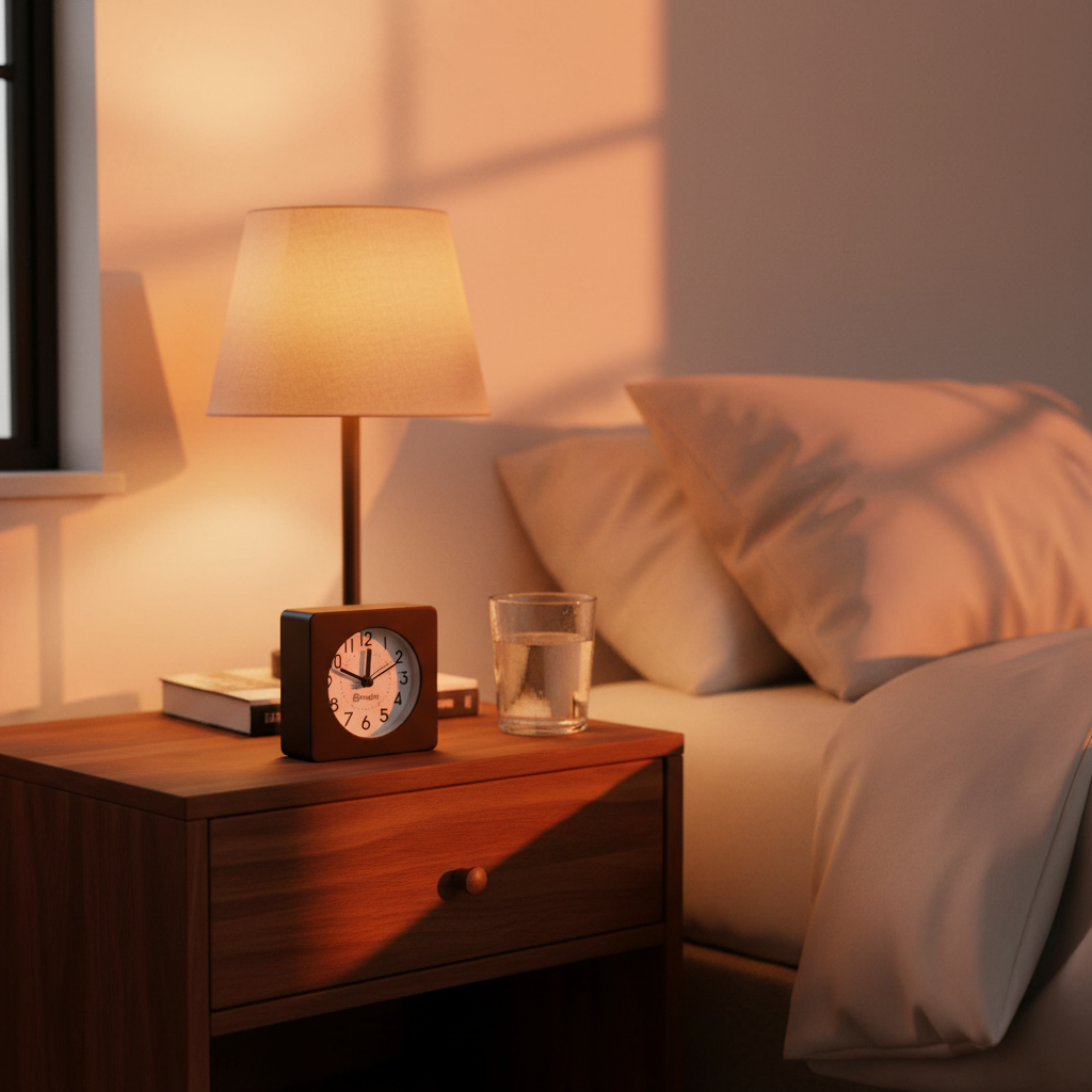 Bagby Classic wooden clock on a nightstand in warm golden hour light