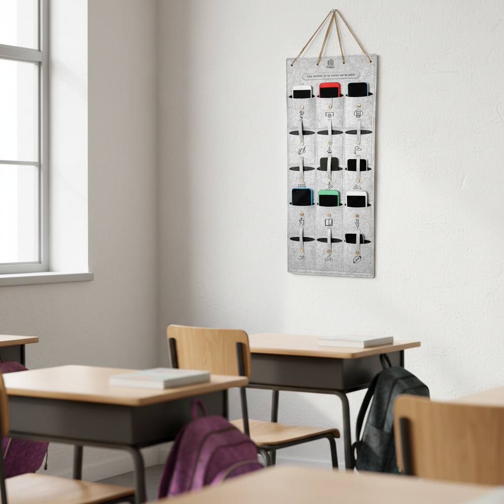 A classroom phone organizer mounted on a bright classroom wall with all pockets in use