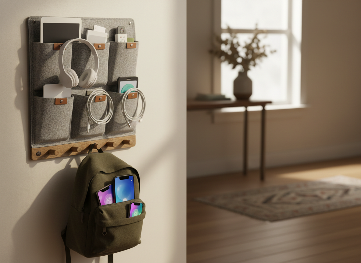 A family phone holder set on a hallway wall with all pockets filled and a backpack below
