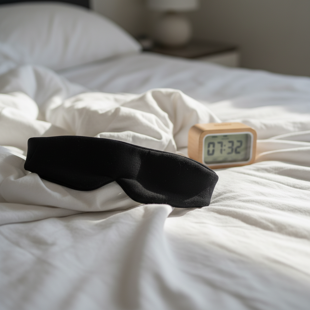 A sleep mask resting on white linen in soft morning light
