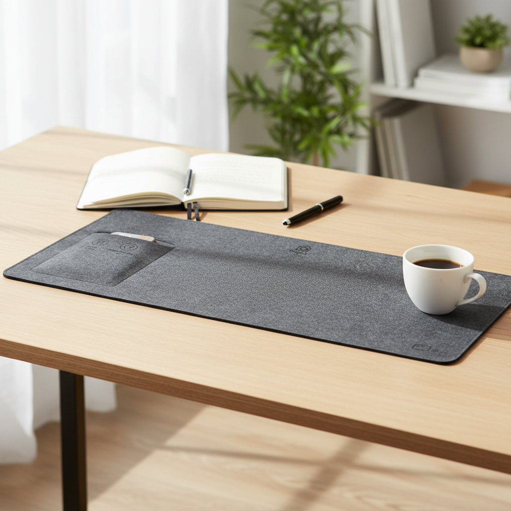 A Bagby desk mat with a notebook, pen, and coffee mug and no phone in sight