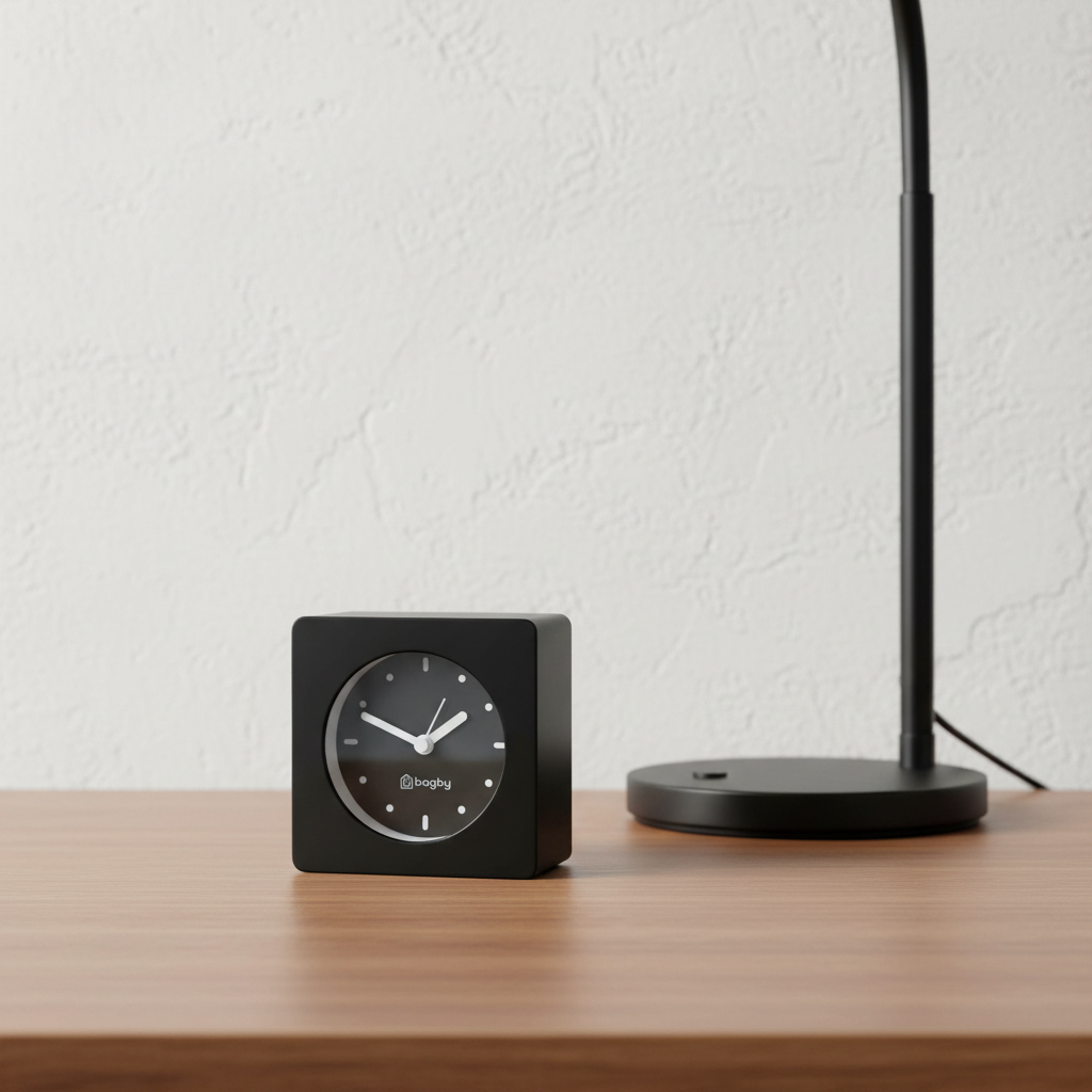 Bagby Minimalist clock against a pale plaster wall in sharp side light