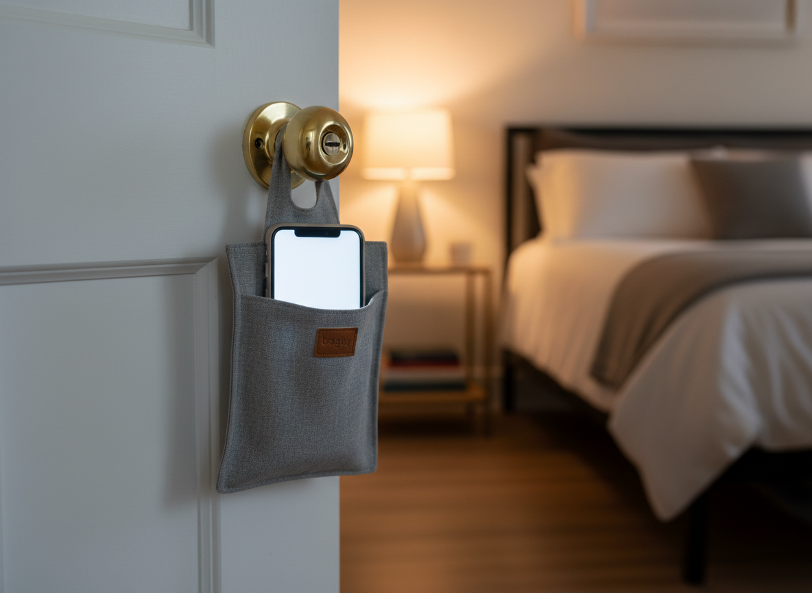 A Bagby phone holder hanging on a bedroom doorknob at night with a lamp-lit room behind
