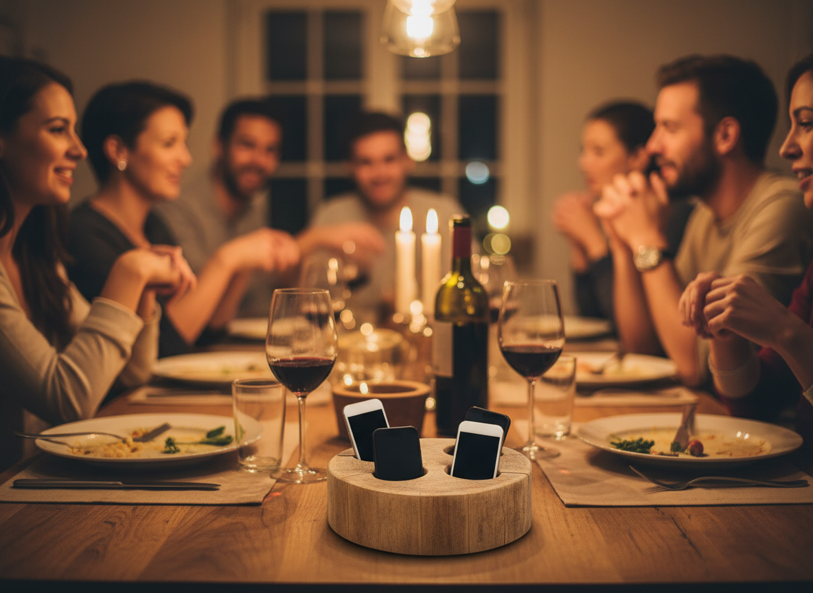 A social phone holder on a dinner table with blurred guests in conversation behind it