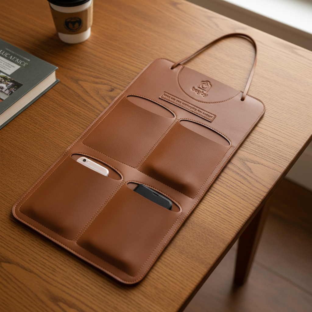 Close-up of a vegan leather phone holder showing texture on a warm wood table