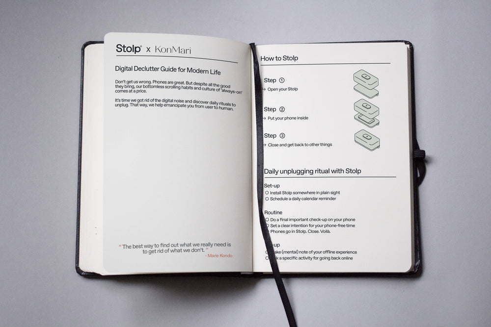 Marie Kondo's Digital Declutter Guide open to the Stolp x KonMari intro page and How to Stolp steps